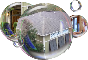 Collage of Smileworks General and Cosmetic Dentistry office in bubbles